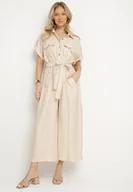 Kombinezony - Beżowy Kombinezon z Paskiem i Ozdobnymi Kieszeniami Polsedi - miniaturka - grafika 1