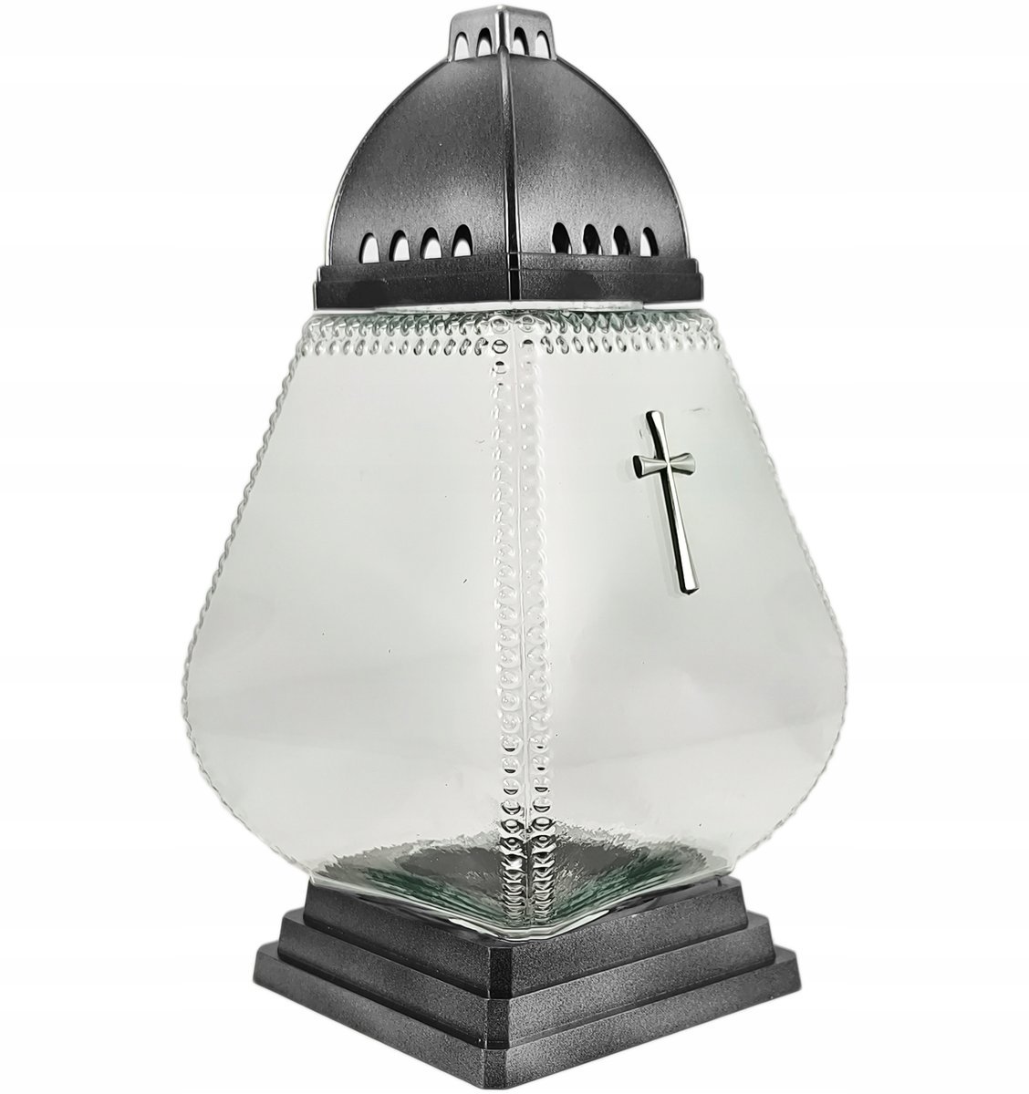 Elegancki znicz kapliczka szklana z Krzyżem - Wzór Srebrny 31cm