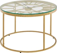 Ławy i stoliki kawowe - Stolik kawowy WOHNLING szklany metalowy 60x60x43 cm stolik rozkładany złoty z ozdobnym zegarem, designerski okrągły stolik do salonu, mały stolik kawowy nowoczesny, stolik boczny do salonu - miniaturka - grafika 1