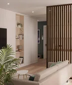 Panele ścienne i boazeria - 275x51x7 cm LD (orzech klasyczny) ścianka z lameli wolnostojących - aranżacja ażurowa 3D - miniaturka - grafika 1