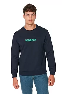 Bluzy męskie - Trendyol Męska bluza z okrągłym dekoltem i napisem, granatowy, XL - grafika 1