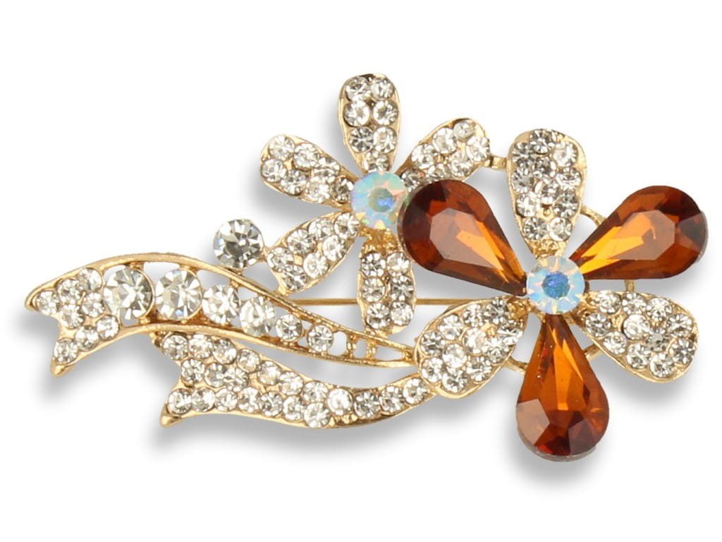 Broszka Damska Złota Kwiat Z Brązowymi Kamieniami