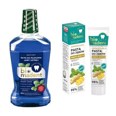 Płyn do płukania jamy ustnej BIO MADENT Miętowy 500 ml + Pasta do zębów BIO MADENT Imbir + Mięta 100 ml