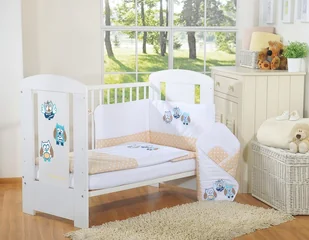 Komplet pościeli dla dzieci 135x100cm z ochraniaczem 3-cz Sówki beżowe z haftem beżowo-niebieskim - Pościel dla dzieci - miniaturka - grafika 1