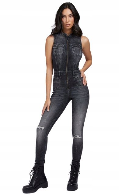 GUESS KOMBINEZON JEANSOWY BEZRĘKAWNIK Z ZAMKIEM CZARNY 30 1GXA