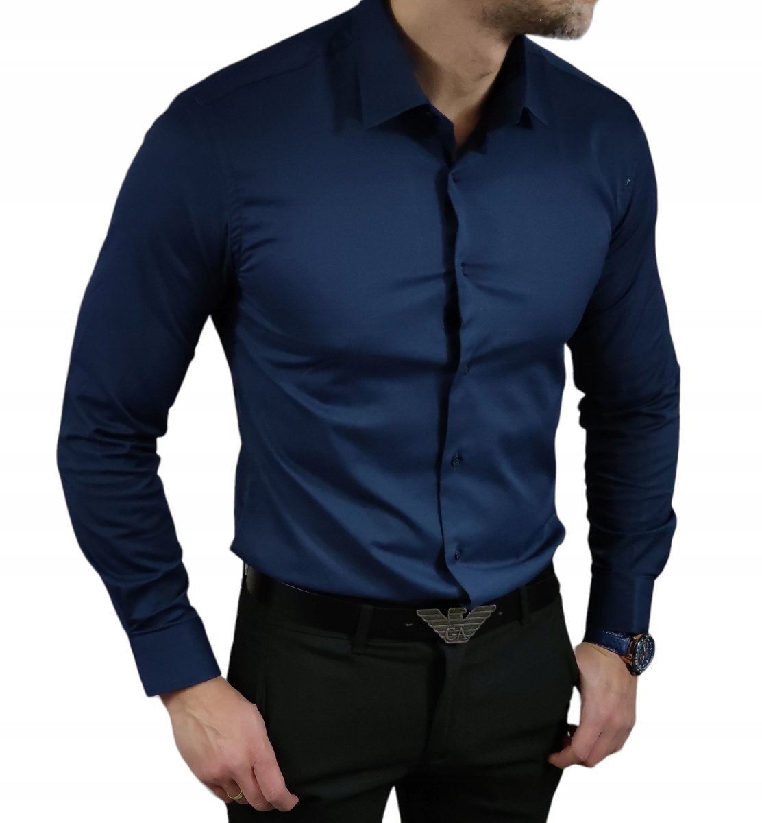 Klasyczna koszula slim fit granatowa elegancka ESP06 - M