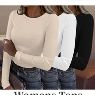 Bluzki damskie - TEMU 3 szt. Damskie obcisłe koszulki z długim rękawem z prążkowania - jednokolorowe topy na wiosnę, , jesień, uniwersalne i wygodne, damskie koszulki - miniaturka - grafika 1