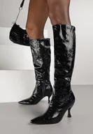 Kozaki damskie - Czarne Kozaki na Szpilce Vices z Marszczoną Cholewką z Efektem Spękań Tidvire - Born2be - miniaturka - grafika 1