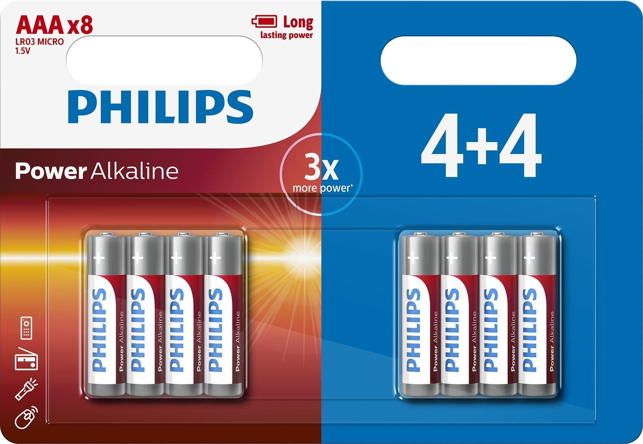 Philips Philips Power Alkaline Battery LR03P8BP/10, Rechargeable battery, AAA, Alkaline, 1.5 V, 5 years, Cd cadmium, Hg mercury, Pb lead