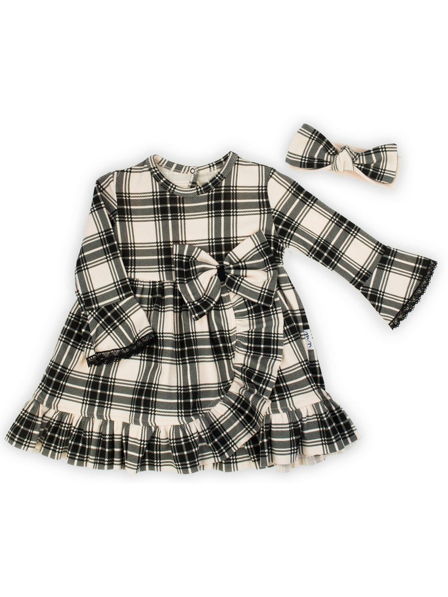 Dziewczęcy komplet sukienka + opaska w kratkę beżowy Nicol,r.74