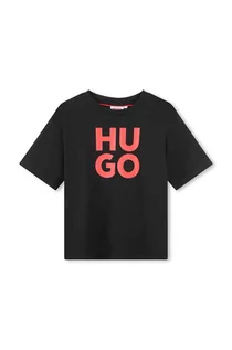 Koszulki dla chłopców - HUGO t-shirt bawełniany dziecięcy kolor czarny z nadrukiem - Hugo - grafika 1