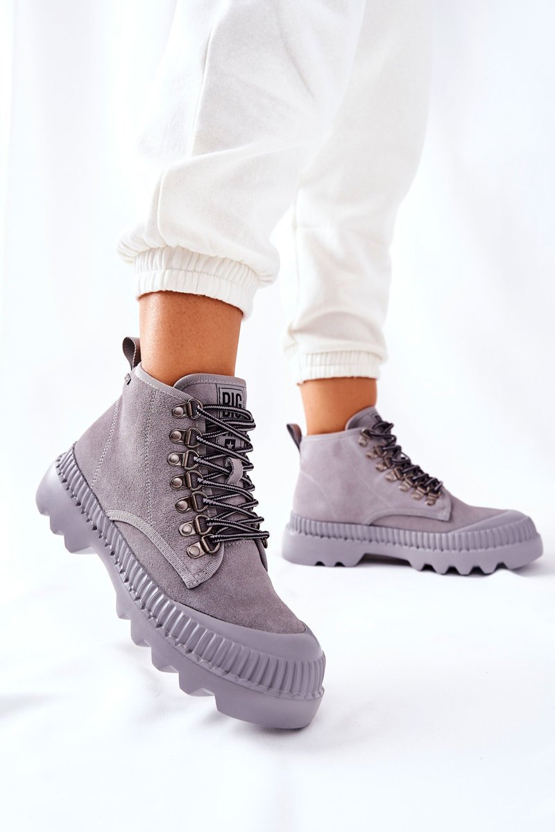 Skórzane Trapery Botki Big Star II274365 Szare-39