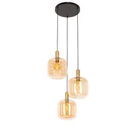 Lampy sufitowe - QAZQA Designerska lampa wisząca czarna z mosiężnym i bursztynowym szkłem 3 światła - Zuzanna - miniaturka - grafika 1