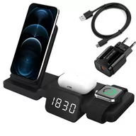 Ładowarki do telefonów - 4w1 Ładowarka bezprzewodowa biurkowa z cyfrowym zegarkiem do Apple Watch / iPhone / AirPods (Black) - miniaturka - grafika 1