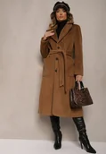 Płaszcze damskie - Brązowy Długi Płaszcz Jednorzędowy z Paskiem w Talii Zeneti - miniaturka - grafika 1