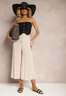 Spodnie damskie - Beżowe Wiskozowe Spodnie Palazzo z Gumką w Talli Zdobione Guzikami z Nogawkami 3/4 Efinna - miniaturka - grafika 1