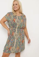 Sukienki - Zielono-Beżowa Wiskozowa Sukienka w Stylu Boho o Pudełkowym Kroju z Materiałowym Paskiem Neteri - miniaturka - grafika 1