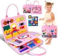 Zabawki sensoryczne - TABLICA SENSORYCZNA MANIPULACYJNA MONTESSORI ZEGAR MATERIAŁOWA NAUKA RÓŻOWA - miniaturka - grafika 1