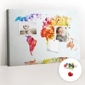 Tablice i flipcharty - Szkolna Tablica korkowa 60x40 cm, Kolorowe Pinezki, wzór Mapa świata akwarelowa - miniaturka - grafika 1