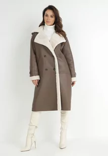 Brązowy Długi Płaszcz Oversize z Imitacji Skóry i Futerkiem Celis - Płaszcze damskie - miniaturka - grafika 1