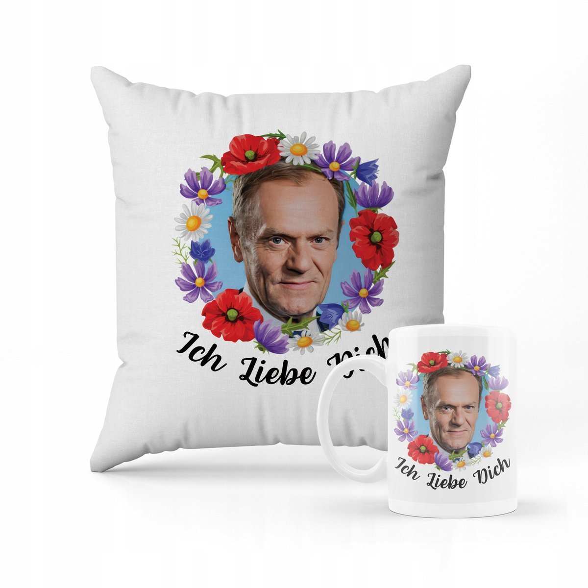 ZESTAW PODUSZKA + KUBEK DONALD TUSK MEM ICH LIEBE DICH PREZENT + IMIĘ