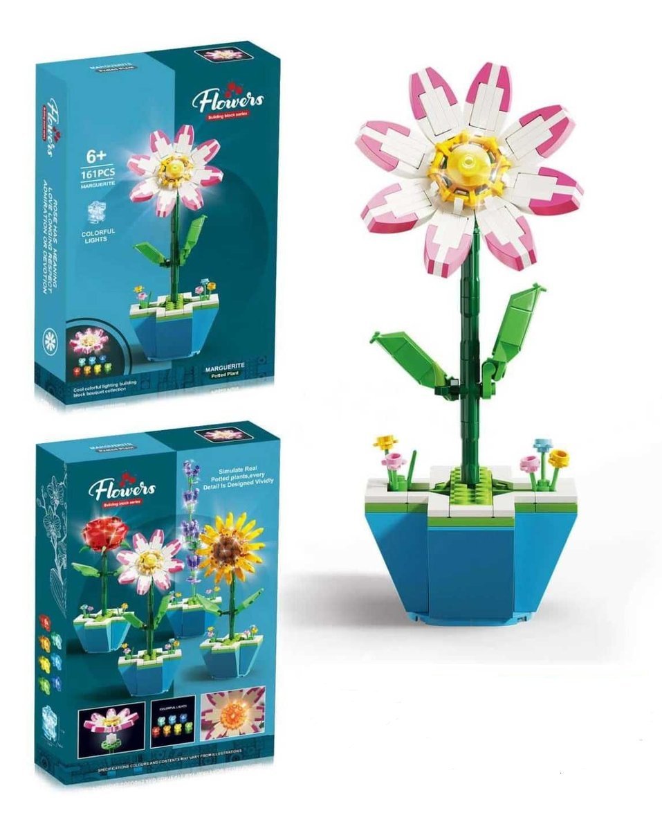 KLOCKI KONSTRUKCYJNE KWIATEK MARGARETKA W DONICZCE – 161 ELEMENTÓW, ZESTAW Z PODŚWIETLENIEM LED