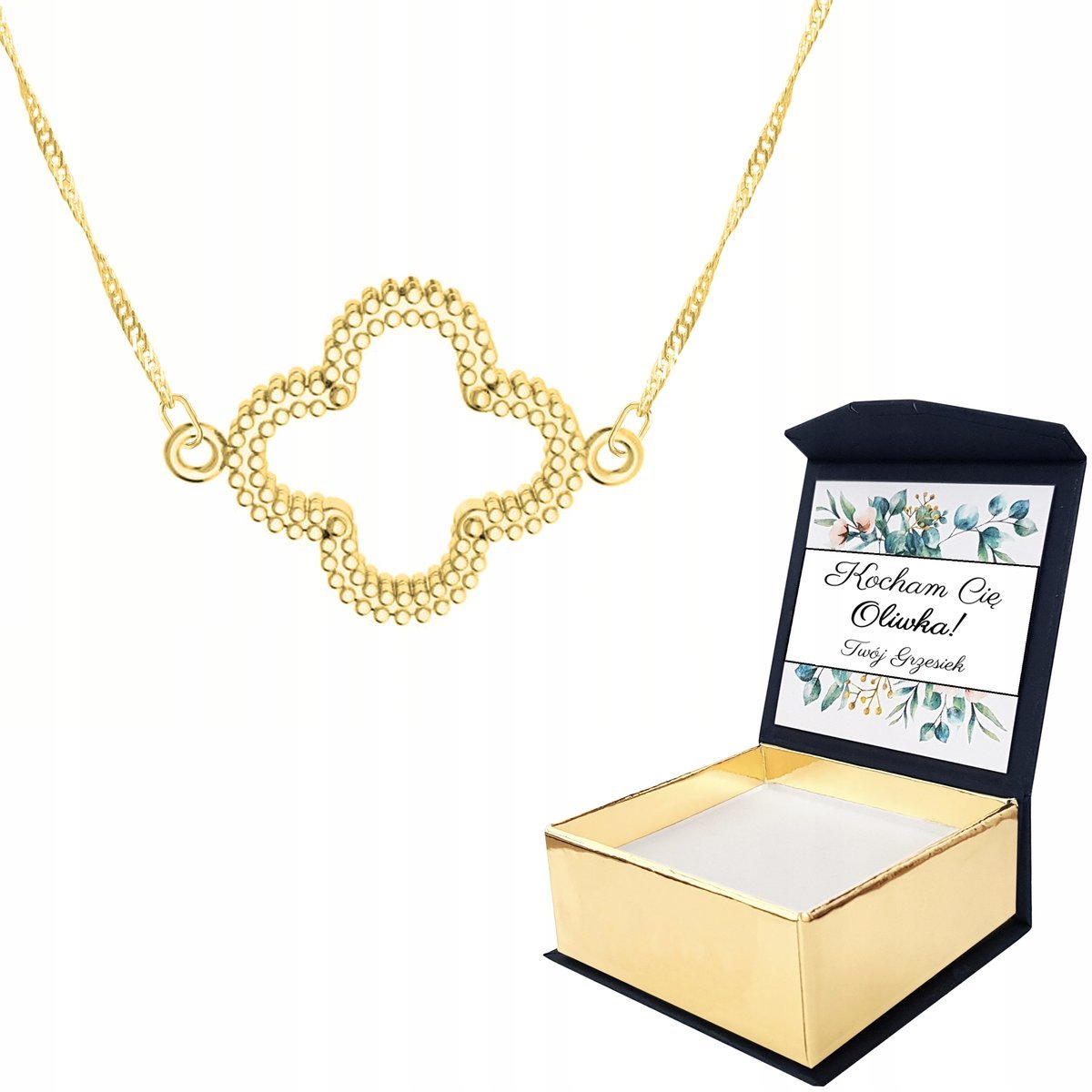 Naszyjnik złoty Kwiat koniczynka + WŁASNY NADRUK