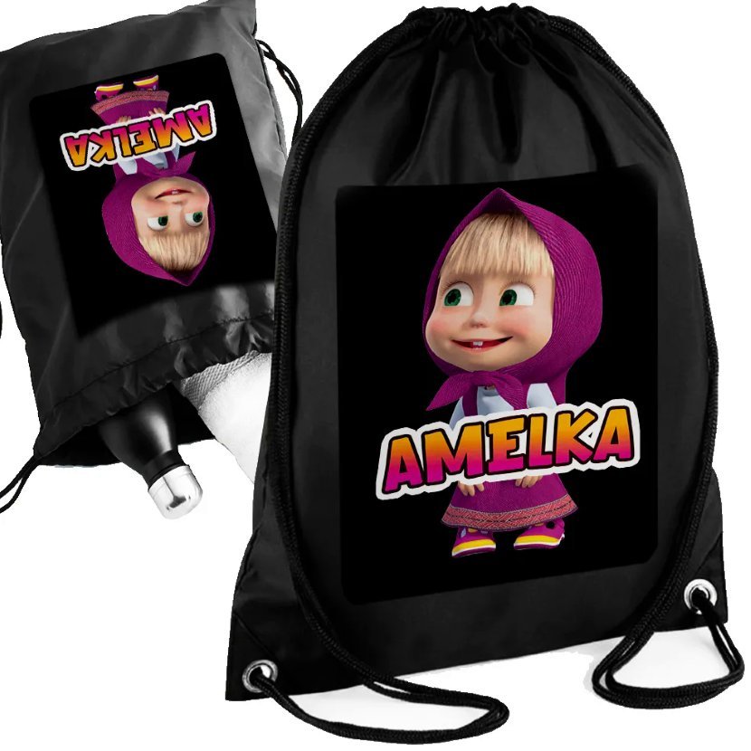 Czarny Worko-Plecak MASZA I NIEDŹWIEDŹ Twoje Imię - Personalizowany Prezent