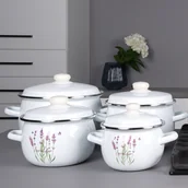 Zestawy garnków i patelni - Komplet 4 garnków emaliowanych z pokrywkami LAWENDA GAŁĄZKI białe 1,5l/2,5l/3,5l/5l gaz indukcja - miniaturka - grafika 1