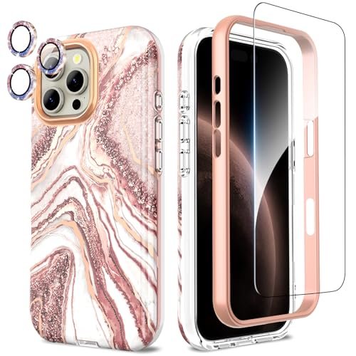SHEDEER Etui 4 w 1 do iPhone'a 16 Pro Max z osłoną ekranu i ochroną aparatu, odporne na wstrząsy zderzak z tworzywa TPU, ochrona 360°, błyszczące, odporne na blaknięcie etui na telefon (różowe złoto)
