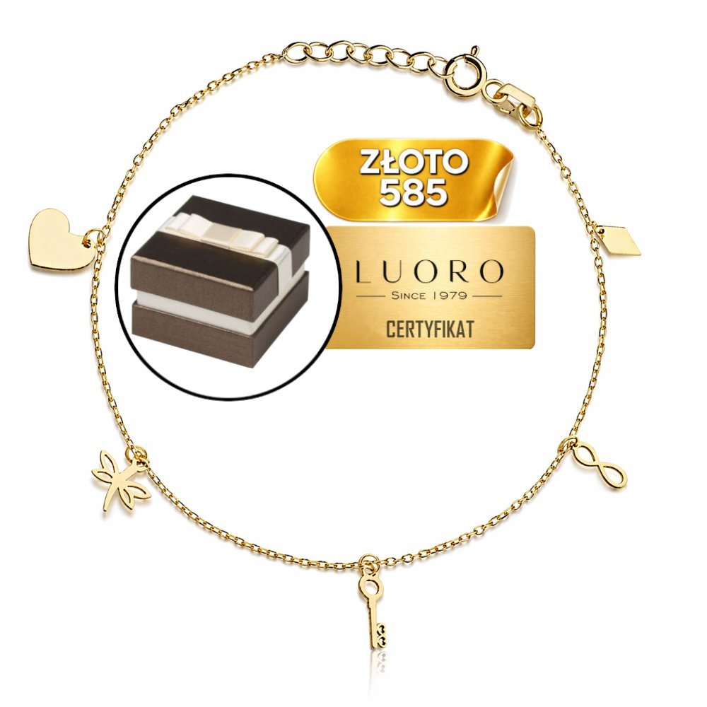 BRANSOLETKA NA NOGĘ ZŁOTA 585 14K SERCE WAŻKA KLUCZYK NIESKOŃCZONOŚĆ 22-25 CM