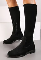 Kozaki damskie - Czarne Kozaki na Płaskiej Podeszwie z Dopasowaną Cholewką Laomila - miniaturka - grafika 1