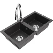 Zlewozmywaki z baterią - Mexen Mario zlewozmywak granitowy 2-komorowy z baterią kuchenną Elia, czarny nakrapiany - miniaturka - grafika 1