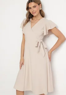 Beżowa Rozkloszowana Sukienka Kopertowa z Wiązaniem w Talii Dannila - Sukienki - miniaturka - grafika 1