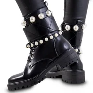 Botki damskie - Botki Damskie Na Obcasie Workery Skórzane Cieple Wysokie Carvala Czarne Z Perłami 37 - miniaturka - grafika 1