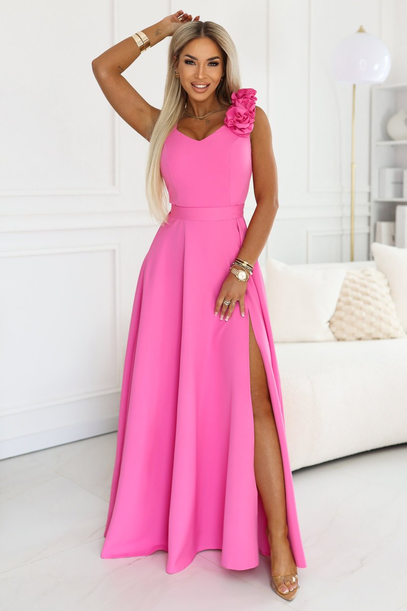 643-6 Elegancka wieczorowa suknia maxi z rozcięciem i różami - cukierkowy róż - XXL