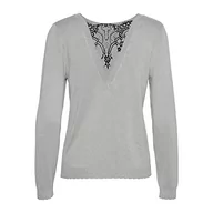 Bluzki damskie - Vero Moda Damska bluzka Vmglory Ls V-Back Lace Bluzka Ga Boo Sweter, Jasnoszary melanż/szczegóły: czarna koronka, M - miniaturka - grafika 1