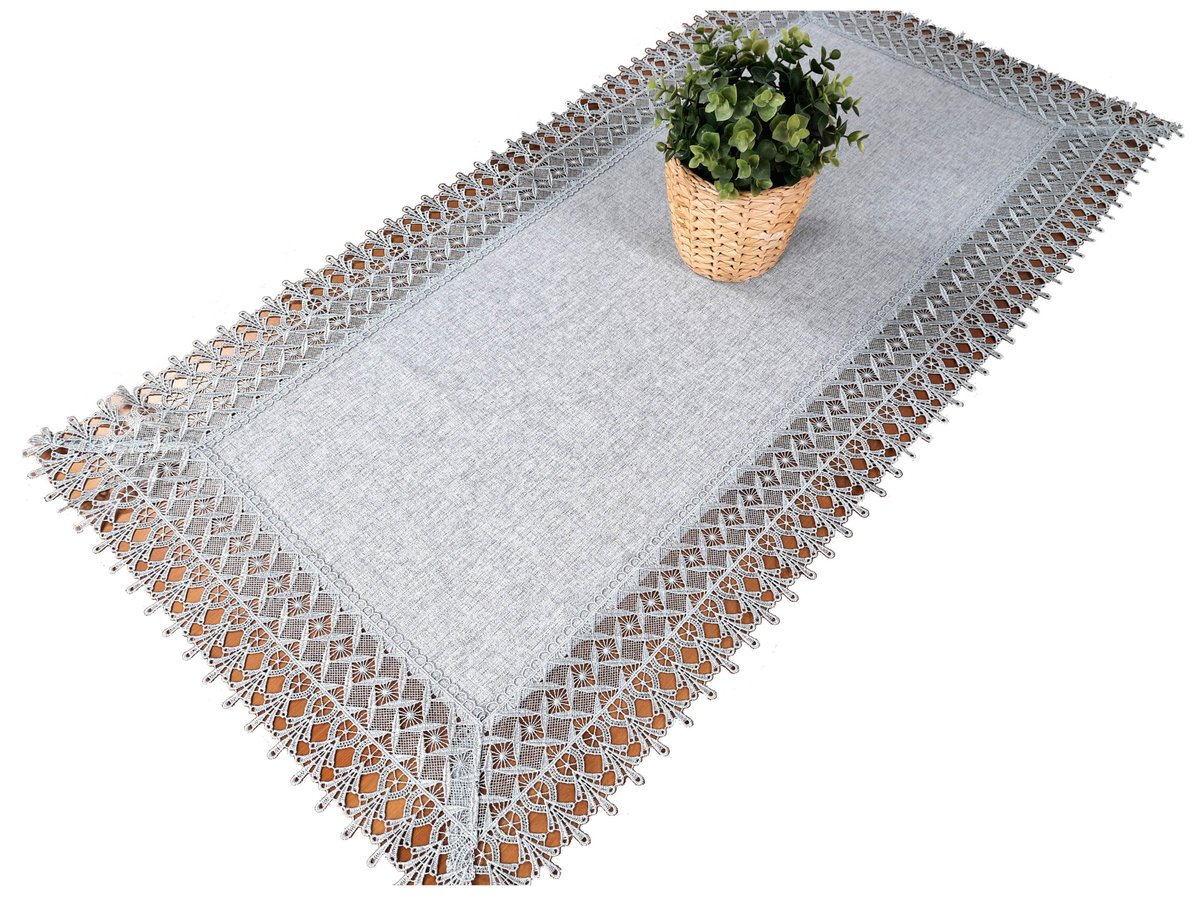 BIEŻNIK Z Gipiurą Popielaty 60x120 Serweta Szara Obszyta Szeroką Koronką