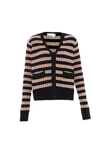 Blonda Damski kardigan w paski z dekoltem w serek i wstawkami akryl czarny beżowy rozmiar XL/XXL, czarny, beżowy, XL - Swetry damskie - miniaturka - grafika 1