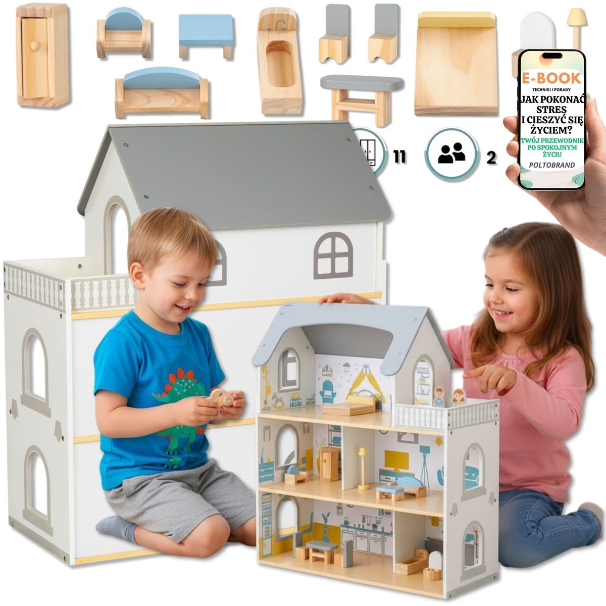 PIĘKNY Drewniany Domek dla Lalek Zestaw z Figurkami PREZENT DLA CÓRKI WNUCZKI NA URODZINY ŚWIĘTA + EBOOK-1