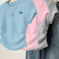 Bluzki damskie - TEMU 3-częściowy zestaw damskich, codziennych, modnych, dopasowanych do ciała, z krótkim rękawem, z nadrukiem w kształcie kokardki, jednokolorowych, - miniaturka - grafika 1