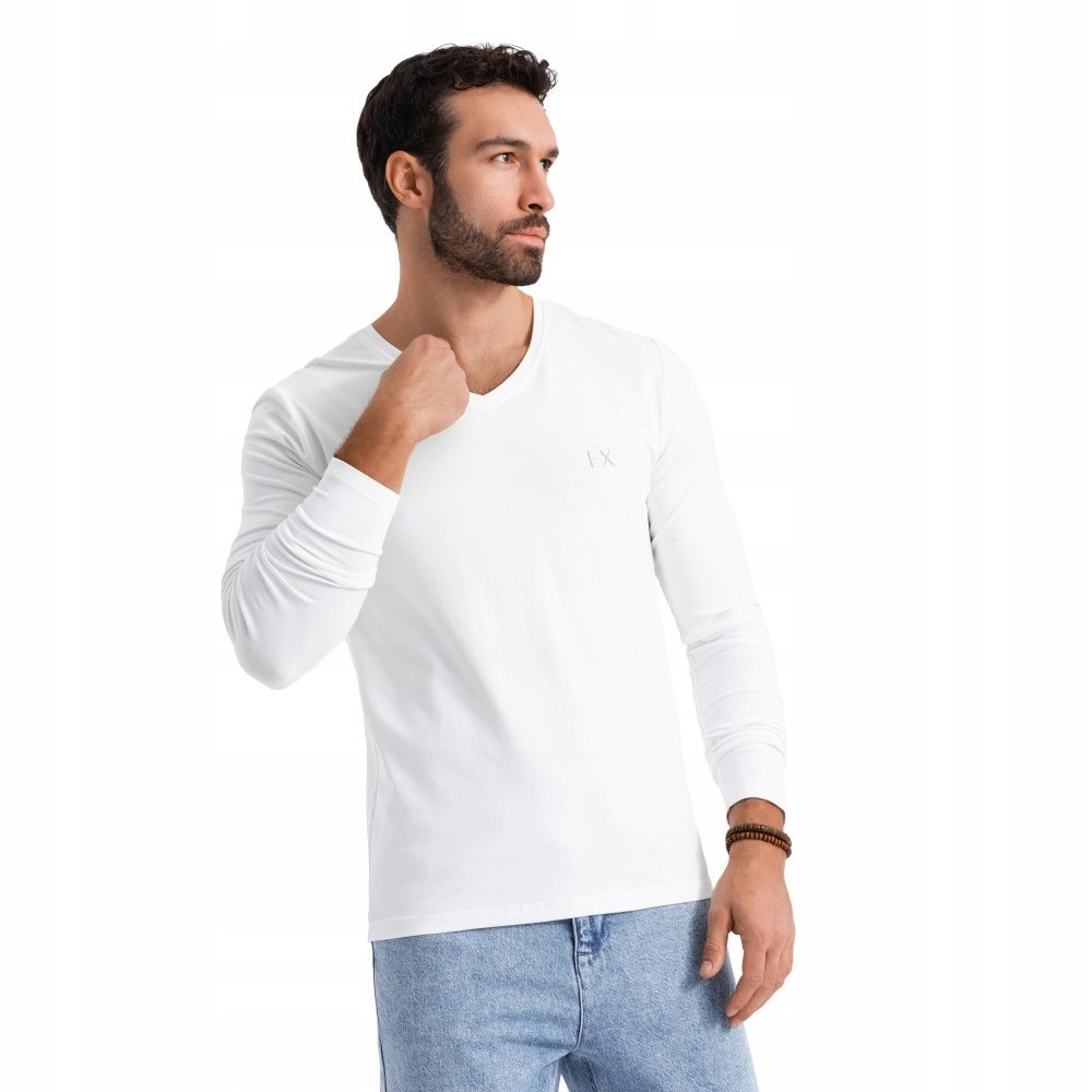 Męski longsleeve bawełniany v-neck slim biały Ombre OM-LSBC-0123 V2 r. XXL
