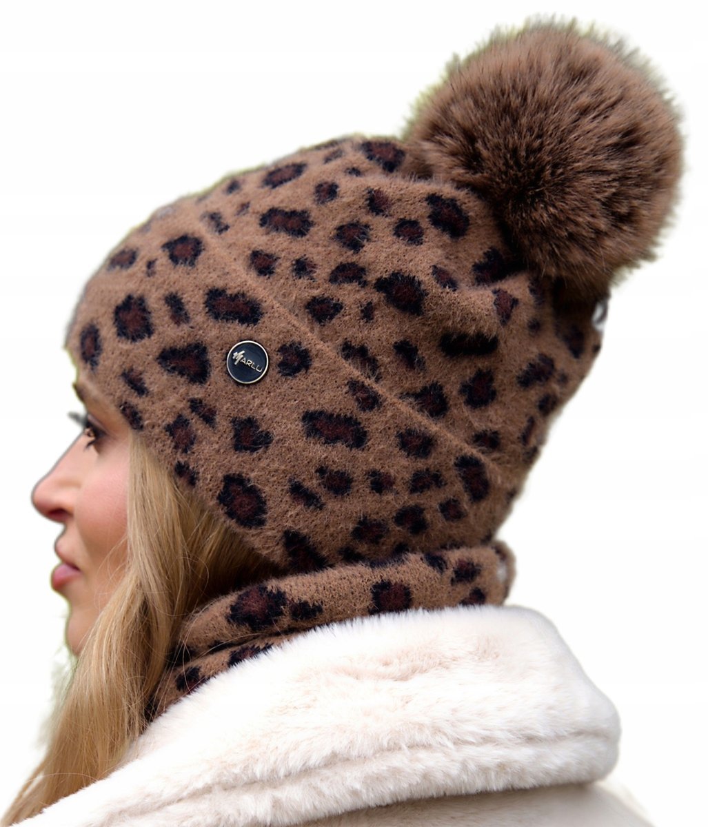 Czapka zimowa damska ciepła z POMPONEM beanie MODNA w panterkę Polska Print