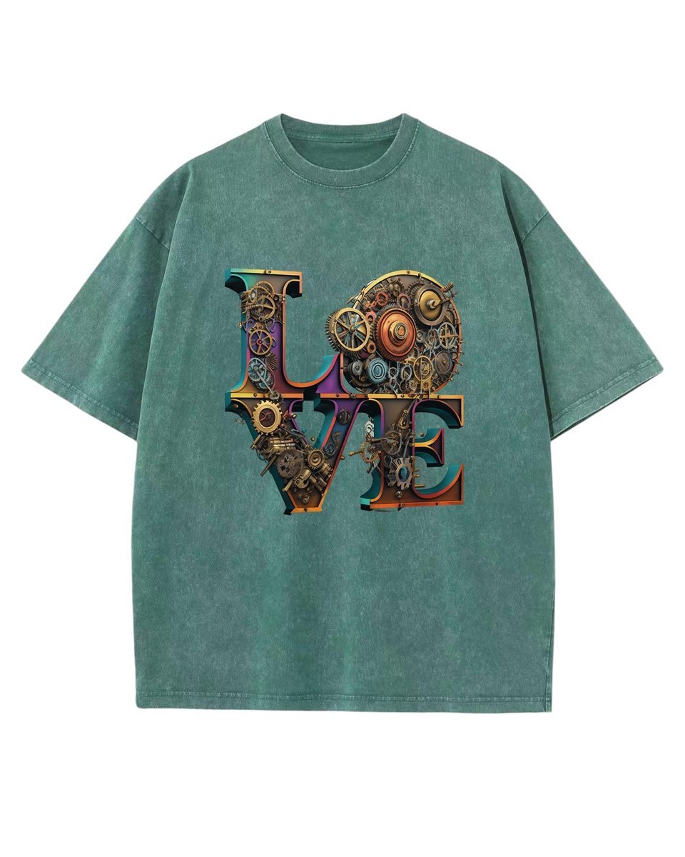 Damska koszulka oversize efekt sprania Miłość Love Steampunk Zielona S