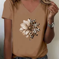 Bluzki damskie - TEMU Damska Koszulka z Dekoltem w Serek w Leopardzie i Kwiaty – Miękka, Oddychająca Czysta Bluzka, Beżowa i Brązowa Codzienna Koszulka na Wszystkie - miniaturka - grafika 1