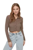 Bluzki damskie - Trendyol Damska dopasowana standardowa koszula kołnierz dzianinowa bluzka, Brązowy, L - miniaturka - grafika 1