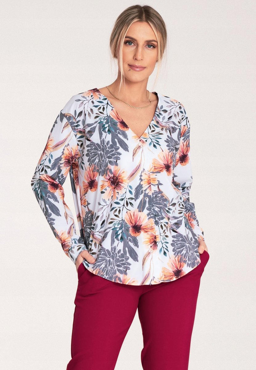 Koszula na lato damska z dekoltem w V - M1070 biała w kwiaty roz.S