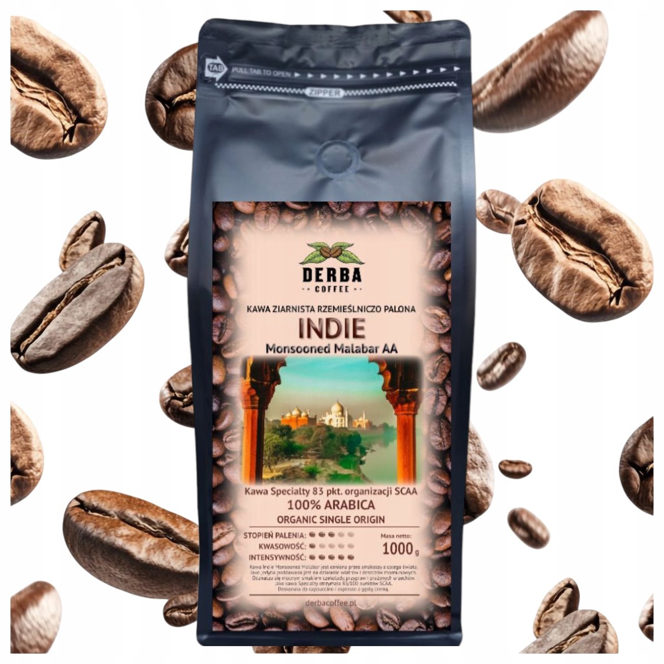 Kawa Indie ziarnista 1kg Niskodrażniąca 100% Arabika Malabar Aa Specialty