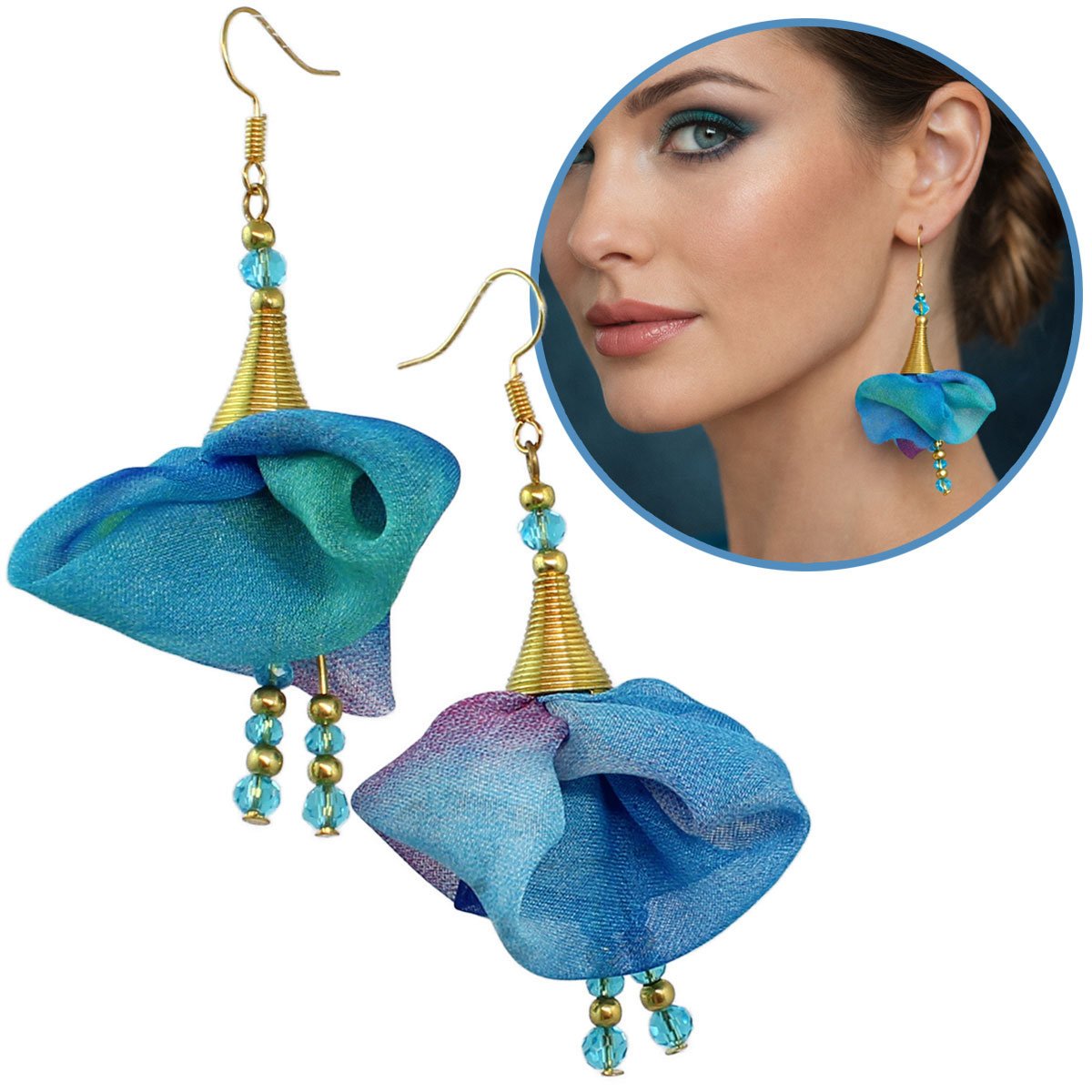 Kolczyki Wiszące Niebieskie Multikolor Kwiatki Boho Lekkie