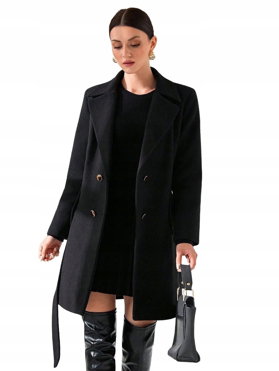 SHEIN CZARNY PŁASZCZ DWURZĘDOWY Z KLASYCZNYM KOŁNIERZEM 40 11LA